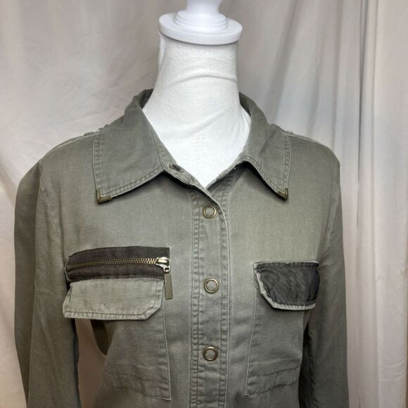 BKE Military Green Denim Jacket Womens Cotton Yarn Knit Stretch Designer - Picture 2 of 6